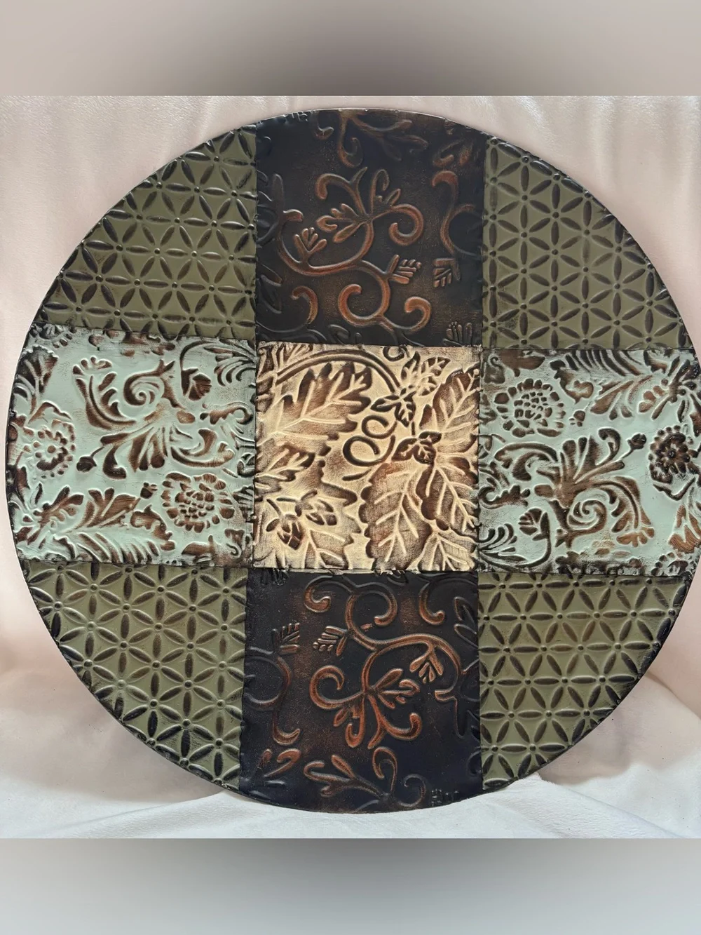Decorative Embossed Metal Wall Art/Tray - Green, Turquoise & Brown